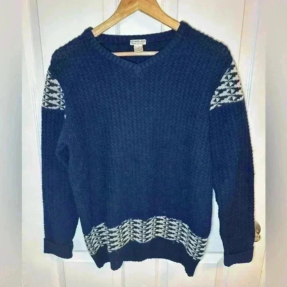 100% Wool Knit Ladies Sweater V Neck Long Sleeve Made in Italy Blue White